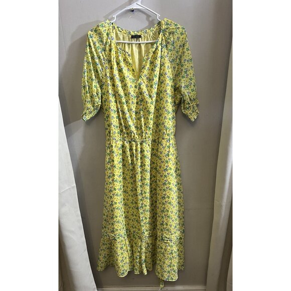 Talbots XL Extra Large Cotton Yellow Blue Floral Midi Dress V Neck Boho Peasant - Picture 1 of 9